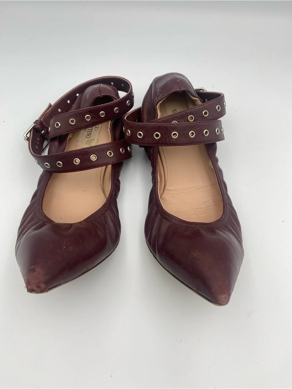 Valentino Pointed Leather Flats with Studded Double Straps - Brown